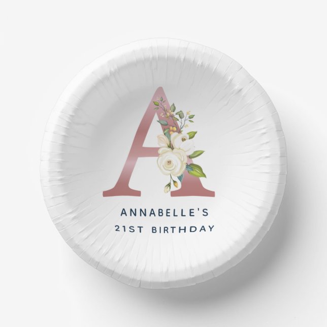 Floral Monogram Rose Gold Initial  21st Birthday Paper Bowls (Front)