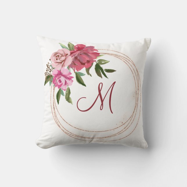 Floral Monogram Round Frame Throw Pillow (Front)