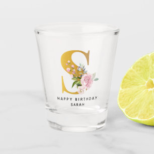 Floral Monogram S Birthday Personalized Name Shot Glass