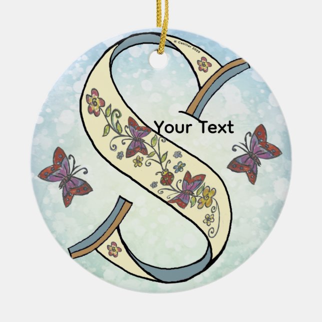floral Monogram S Ceramic Ornament (Front)
