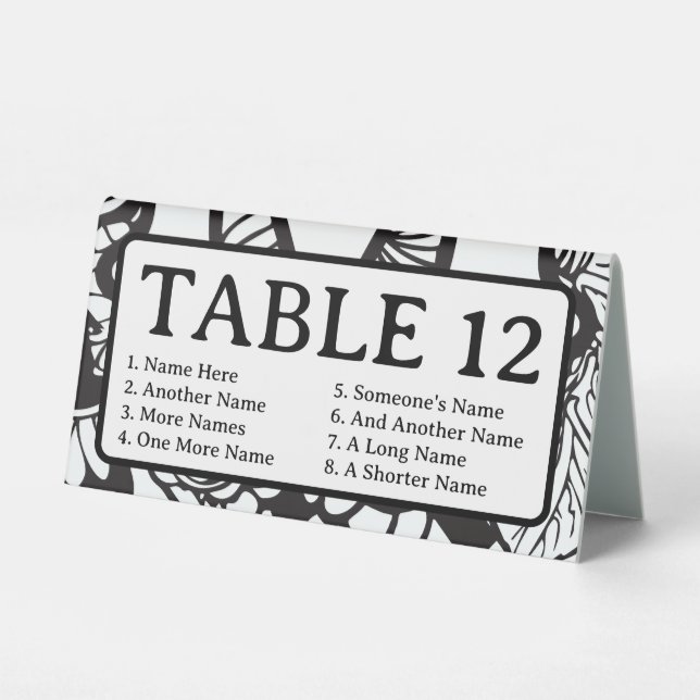 Floral Monogram Seating Chart List Black and White Table Tent (Back)