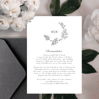 Floral Monogram Sketched Wreath Wedding Details Enclosure Card