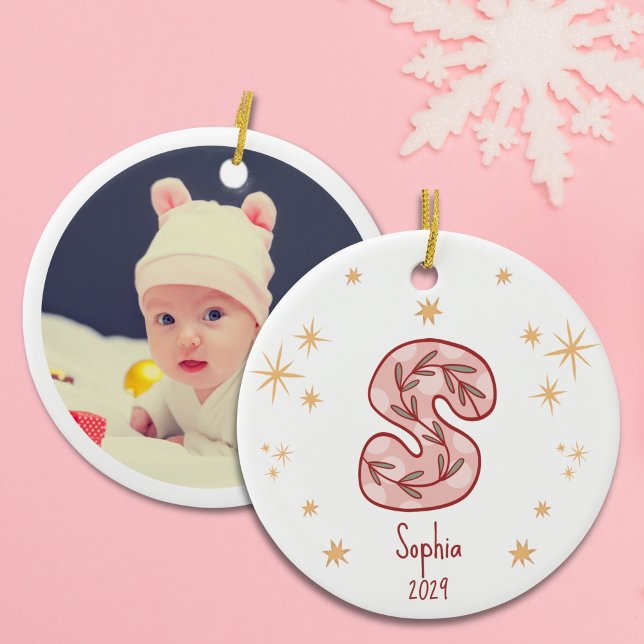Floral Monogram Stars Design Pattern Ceramic Ornament (Baby Girl’s First Christmas with Initial S Ceramic Ornament)
