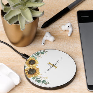 Floral Monogram Sunflower Eucalyptus Script Name Wireless Charger