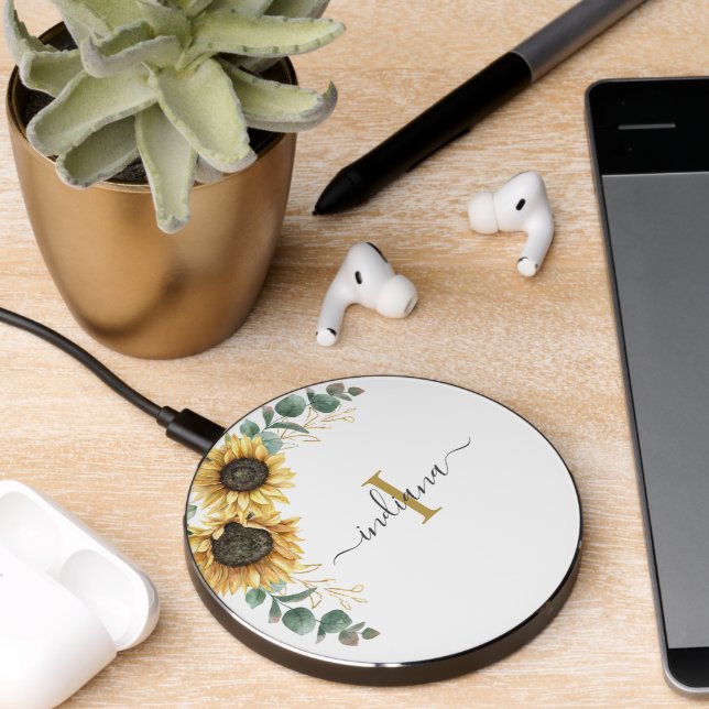 Floral Monogram Sunflower Eucalyptus Script Name Wireless Charger (Desk 2)