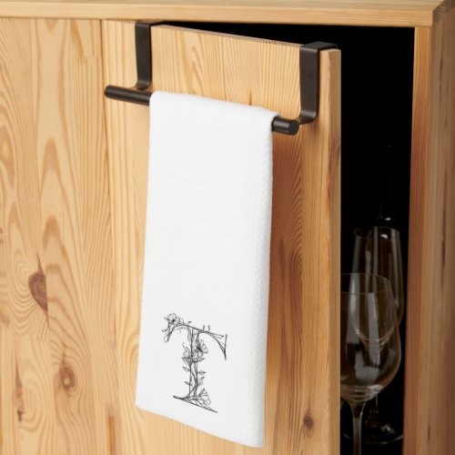 Floral Monogram T  Hand Drawn Sketch Design Kitchen Towel