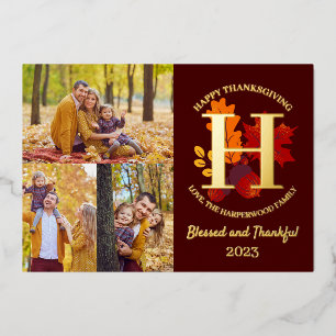 Floral Monogram Thanksgiving Family photo Collage Foil Holiday Card