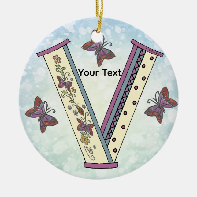 floral Monogram V Ceramic Ornament (Front)