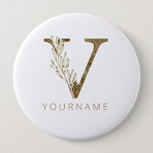 Floral Monogram V Elegant Gold Foliage Button