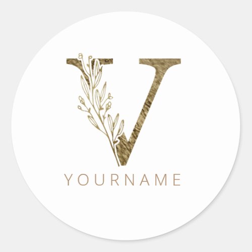 Floral Monogram V Elegant Gold Foliage Classic Round Sticker