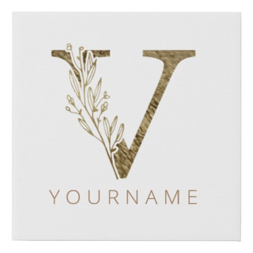 Floral Monogram V Elegant Gold Foliage Faux Canvas Print