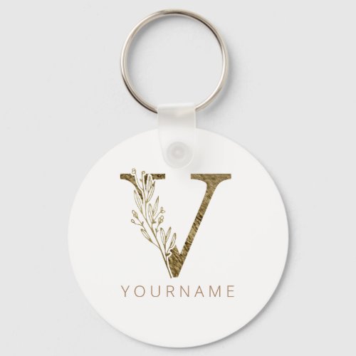 Floral Monogram V Elegant Gold Foliage Keychain