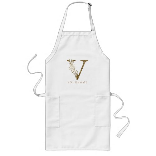 Floral Monogram V Elegant Gold Foliage Long Apron