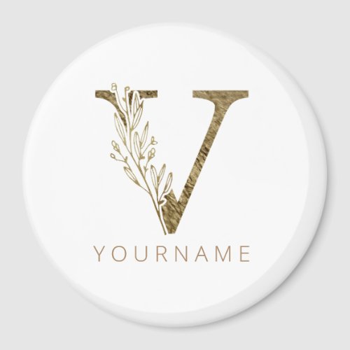 Floral Monogram V Elegant Gold Foliage Magnet