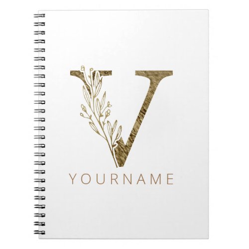 Floral Monogram V Elegant Gold Foliage Notebook