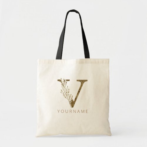 Floral Monogram V Elegant Gold Foliage Tote Bag