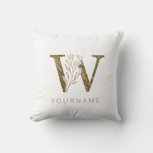 Floral Monogram W Elegant Gold Foliage Throw Pillow