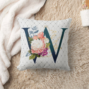 Floral Monogram W II Throw Pillow