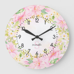 Floral Monogram Watercolor Botanical Blush Pink Large Clock