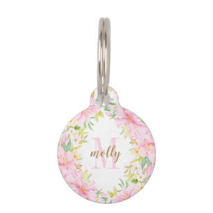 Floral Monogram Watercolor Botanical Blush Pink Pet ID Tag