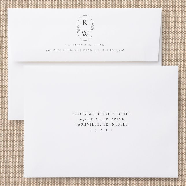 Floral Monogram Wedding Back Addressed Envelopes (Linen)