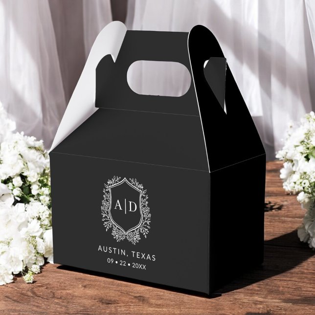 Floral Monogram Wedding Black Crest Modern Favor Boxes (Creator Uploaded)