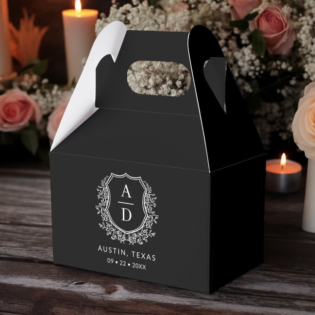 Floral Monogram Wedding Black Crest Modern Favor Boxes (Creator Uploaded)