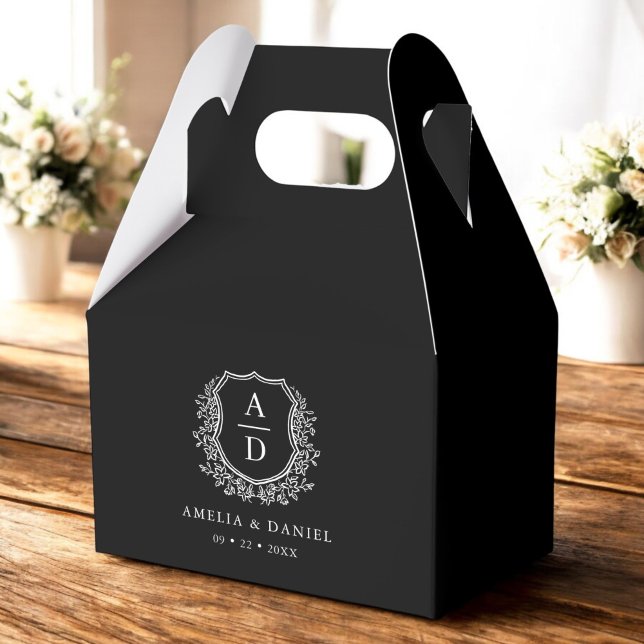 Floral Monogram Wedding Black Crest Modern Favor Boxes (Creator Uploaded)