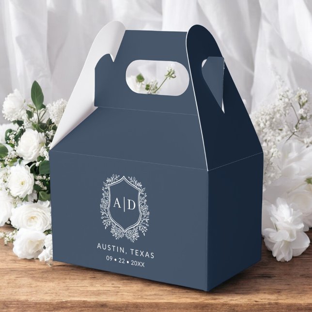 Floral Monogram Wedding Navy Blue Crest Modern Favor Boxes (Creator Uploaded)