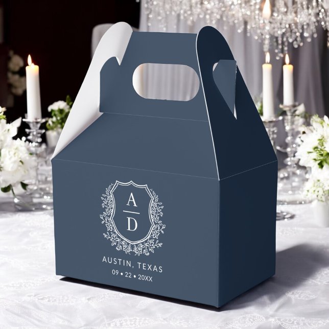 Floral Monogram Wedding Navy Blue Crest Modern Favor Boxes (Creator Uploaded)