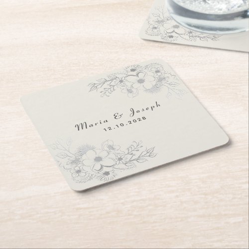 Floral Monogram Wedding Square Paper Coaster