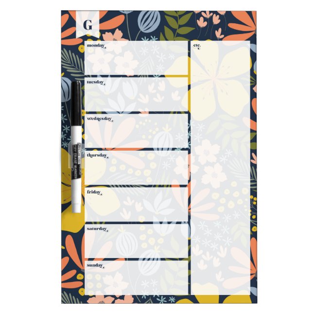 floral monogram weekly calendar dry erase board (Front)