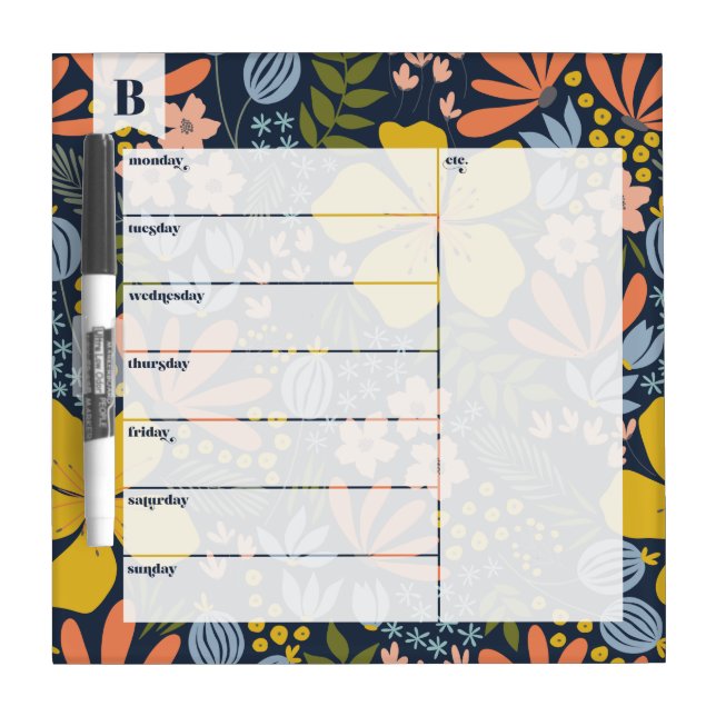 Floral Monogram Weekly Calendar Dry Erase Board (Front)
