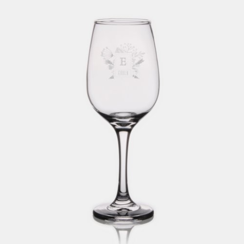 Floral Monogram with Name Etched Wine Glass