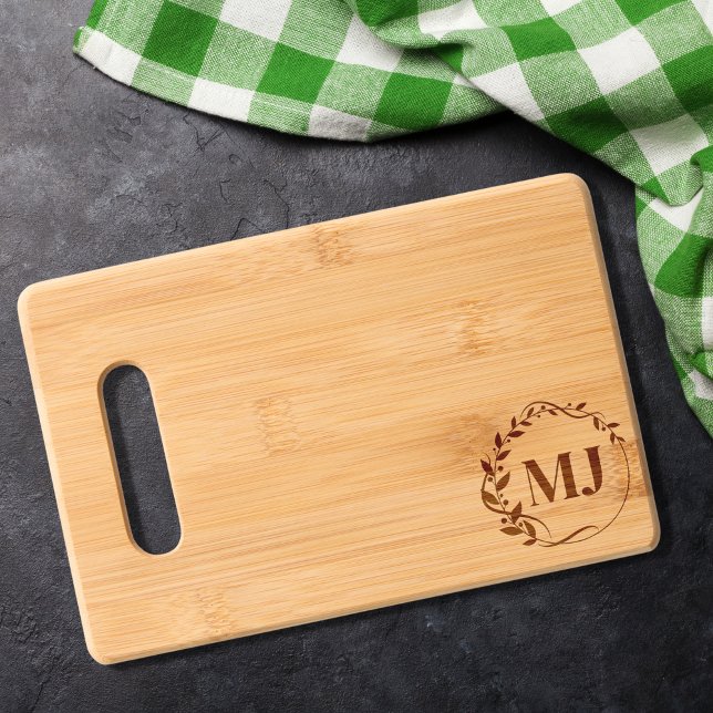 Floral Monogram Wreath Kitchen Charcuterie  Engraved Cutting Board (floral wreath with monogram)