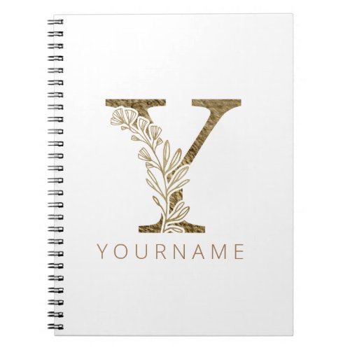 Floral Monogram Y Elegant Gold Foliage Notebook