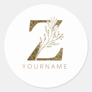 Floral Monogram Z Elegant Gold Foliage Classic Round Sticker