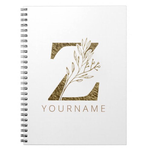 Floral Monogram Z Elegant Gold Foliage Notebook