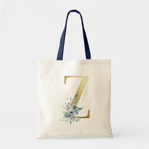 Floral Monogram Z Gold Watercolor Flowers Navy Tote Bag