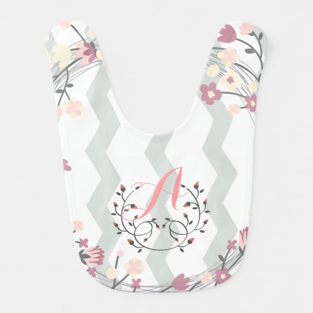 Floral Monograma of feminine roses and chevron Baby Bib (Front)