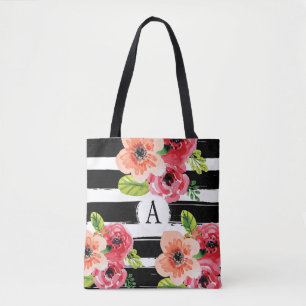 Floral Monogramed Black White Stripes   Tote Bag