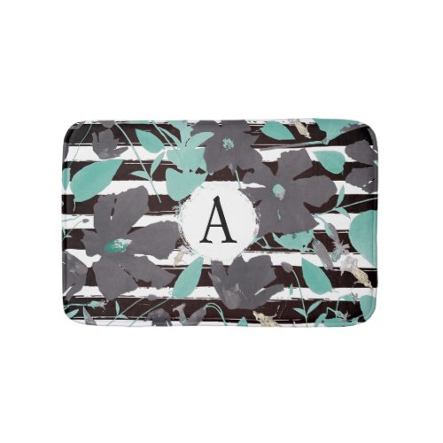 Floral Monogramed Gray Mint Stripe Pattern Bath Mat