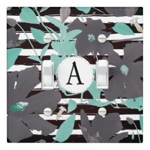 Floral Monogramed Gray Mint Stripe Pattern Light Switch Cover