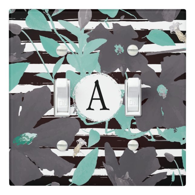 Floral Monogramed Gray Mint Stripe Pattern Light Switch Cover (In Situ)