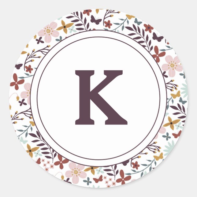 Floral Monogrammed Classic Round Sticker (Front)