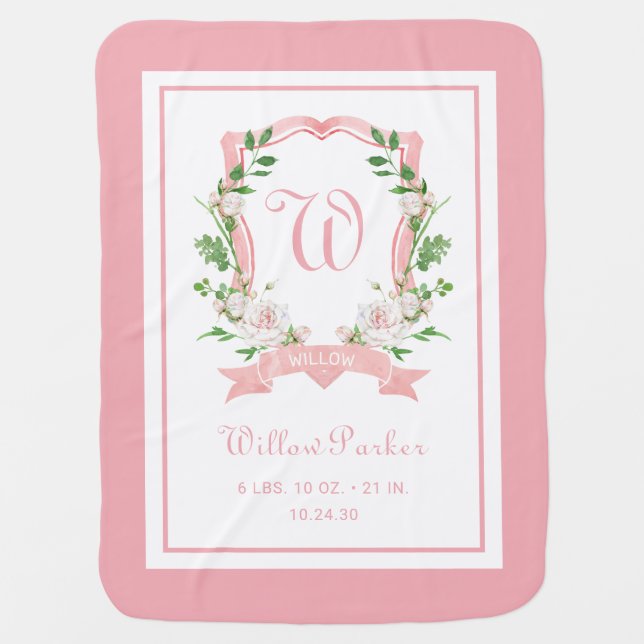 Floral Monogrammed Crest Baby Blanket (Front)