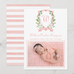 Floral Monogrammed Crest Birth Announcement