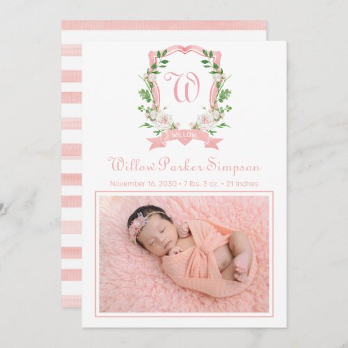 Floral Monogrammed Crest Birth Announcement