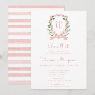 Floral Monogrammed Crest It's A Girl Baby Sprinkle Invitation