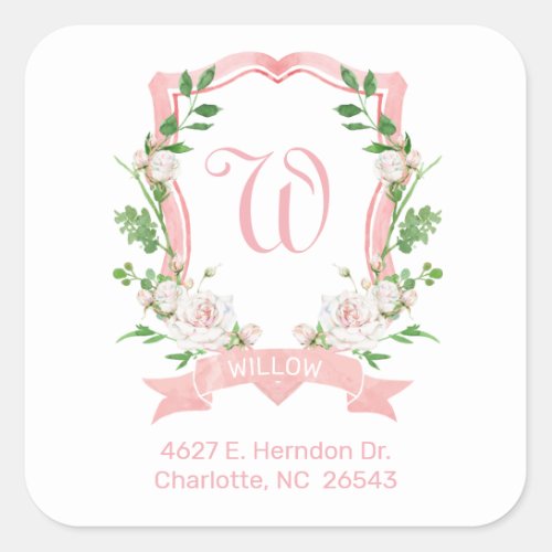Floral Monogrammed Crest Return Address Square Sticker